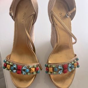 Gucci Gold Jute, Embellished Espadrille Wedge Sandal Platforms